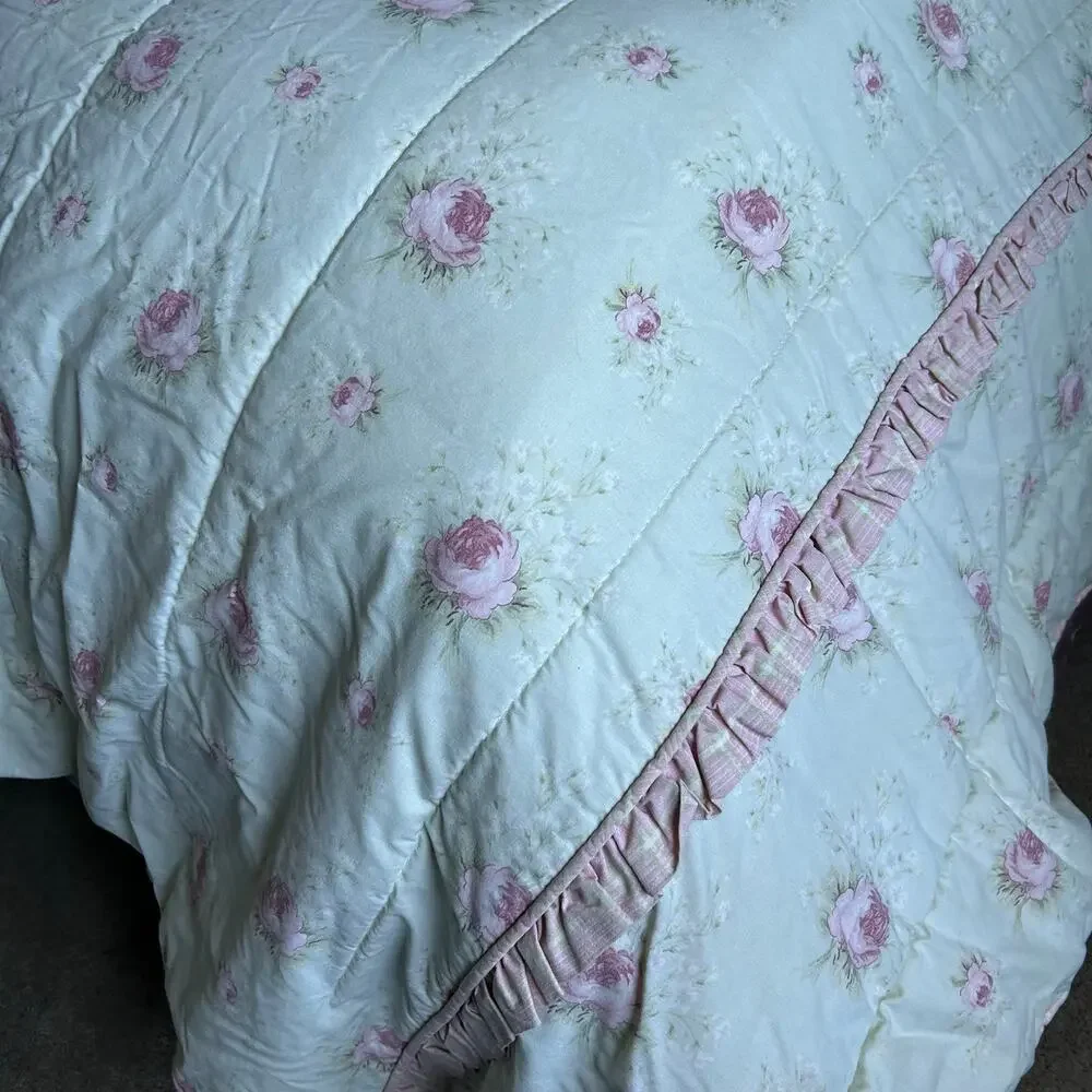 Laura Ashley Green Pink Rose rosemoor full comforter 2 shams cottage core ruffle